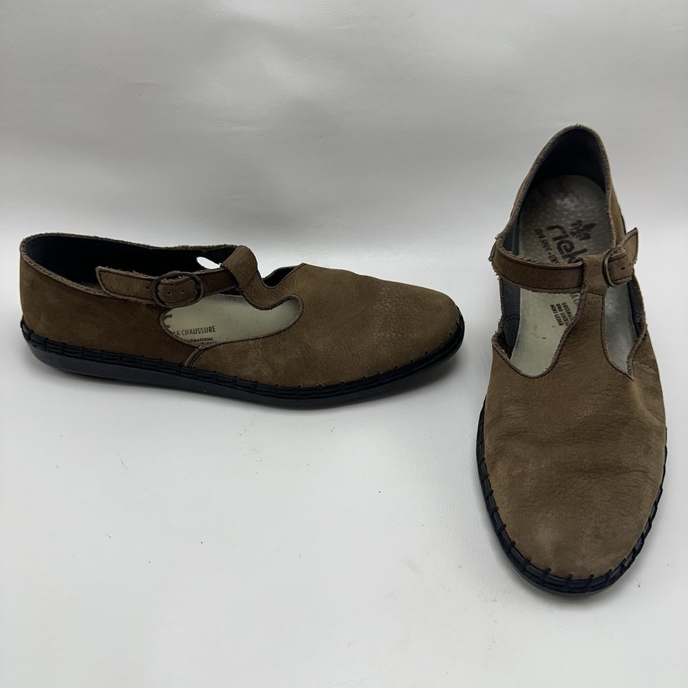 Rieker Leather T Strap Mary Jane Shoes Moccasins Size 6 Snap Buckle Brown Womens